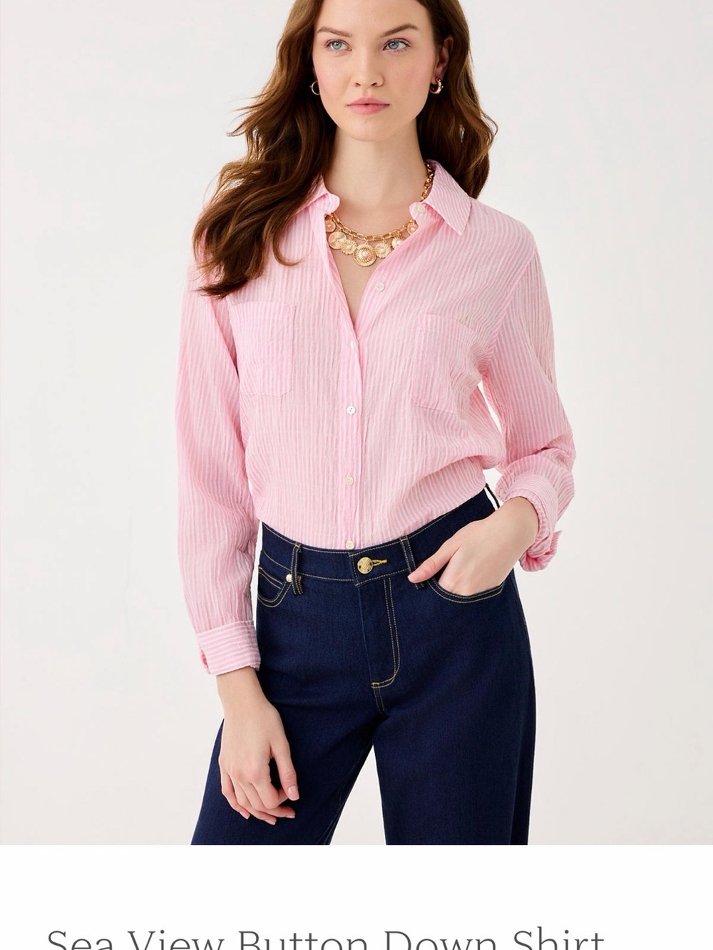 Lilly Pulitzer Sea View Linen Light Pink Striped Button-Down Shirt size Large